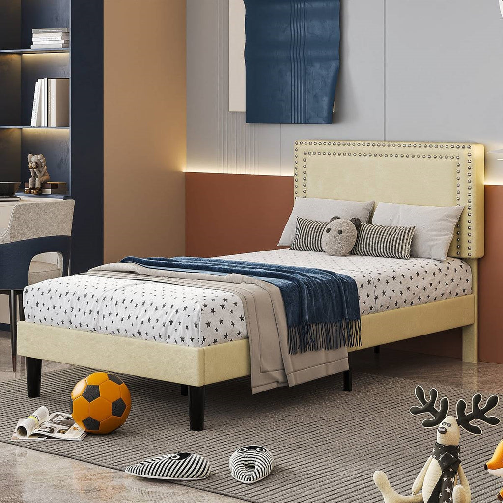 Twin Size - Set of 2  - Dorm Style Beige Tufted Upholstered Platform Beds
