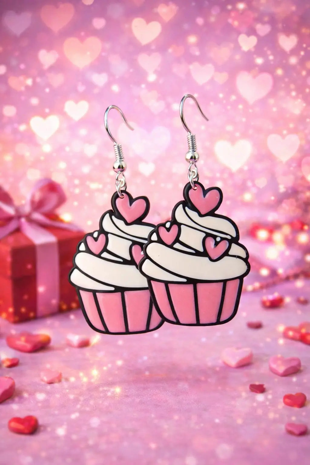 Valentine Cupcake Dangle Earrings (Hooks or Clip-Ons)