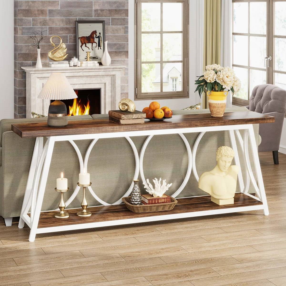 Industrial 70-inch Brown Wood Top Sofa Table with Heavy Duty White Metal Frame