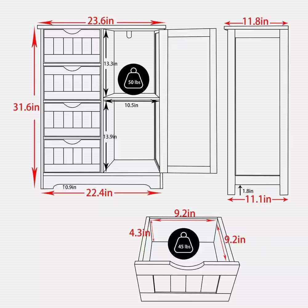 Modern Farmhouse 4-Drawer Bathroom Linen Cabinet in White Wood Finish