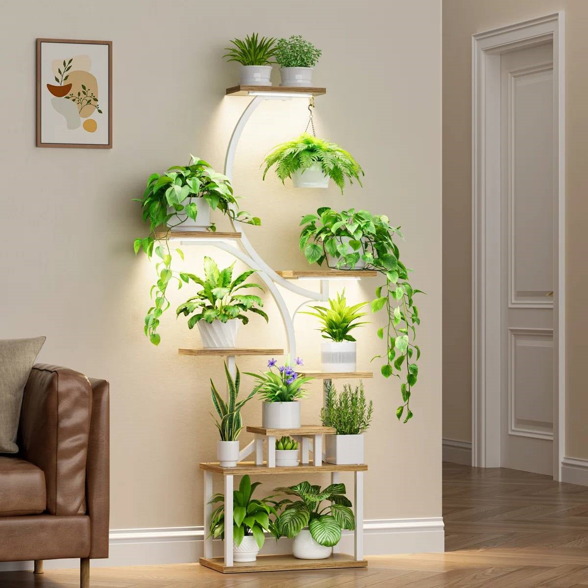 Indoor Plant Stand with White Metal Frame and Wood Finish Shelves