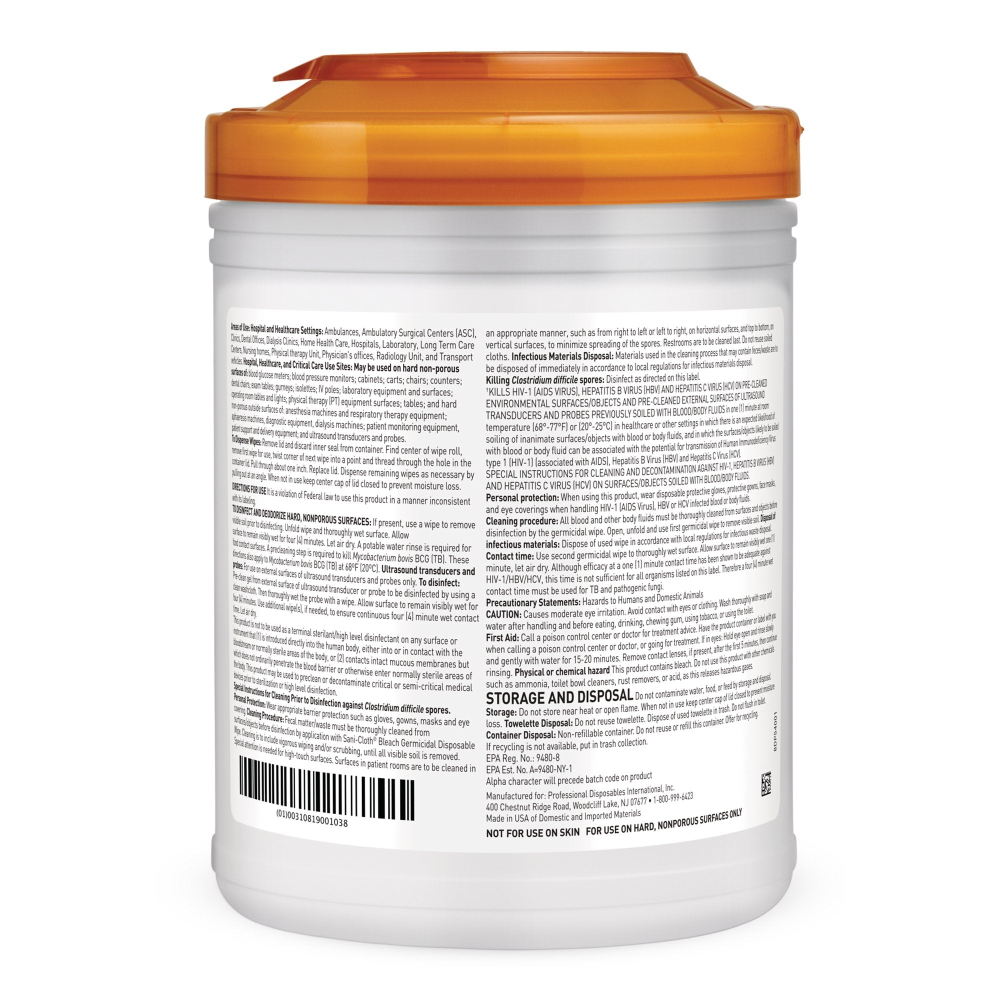 Sani-Cloth® Surface Disinfectant Cleaner Bleach Wipe, 75 Wipes per Canister P54072