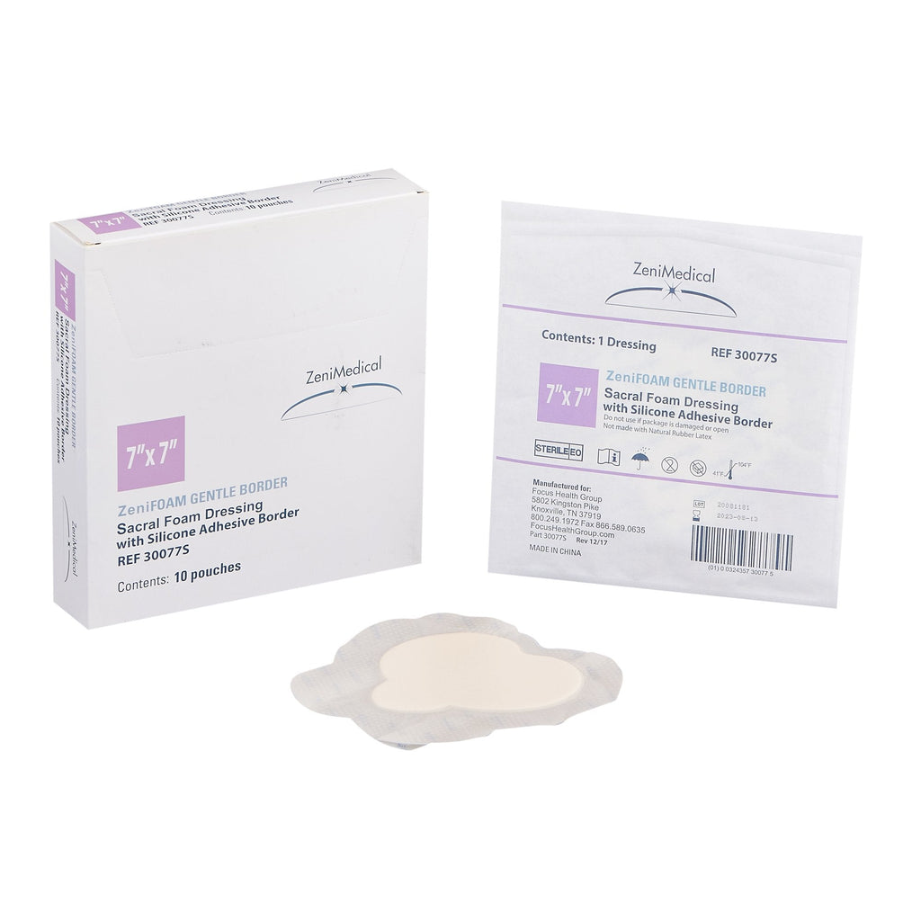 Foam Dressing Zenifoam Gentle Border 7 X 7 Inch With Border Waterproof Backing Silicone Face and Border Sacral Sterile 30077-S
