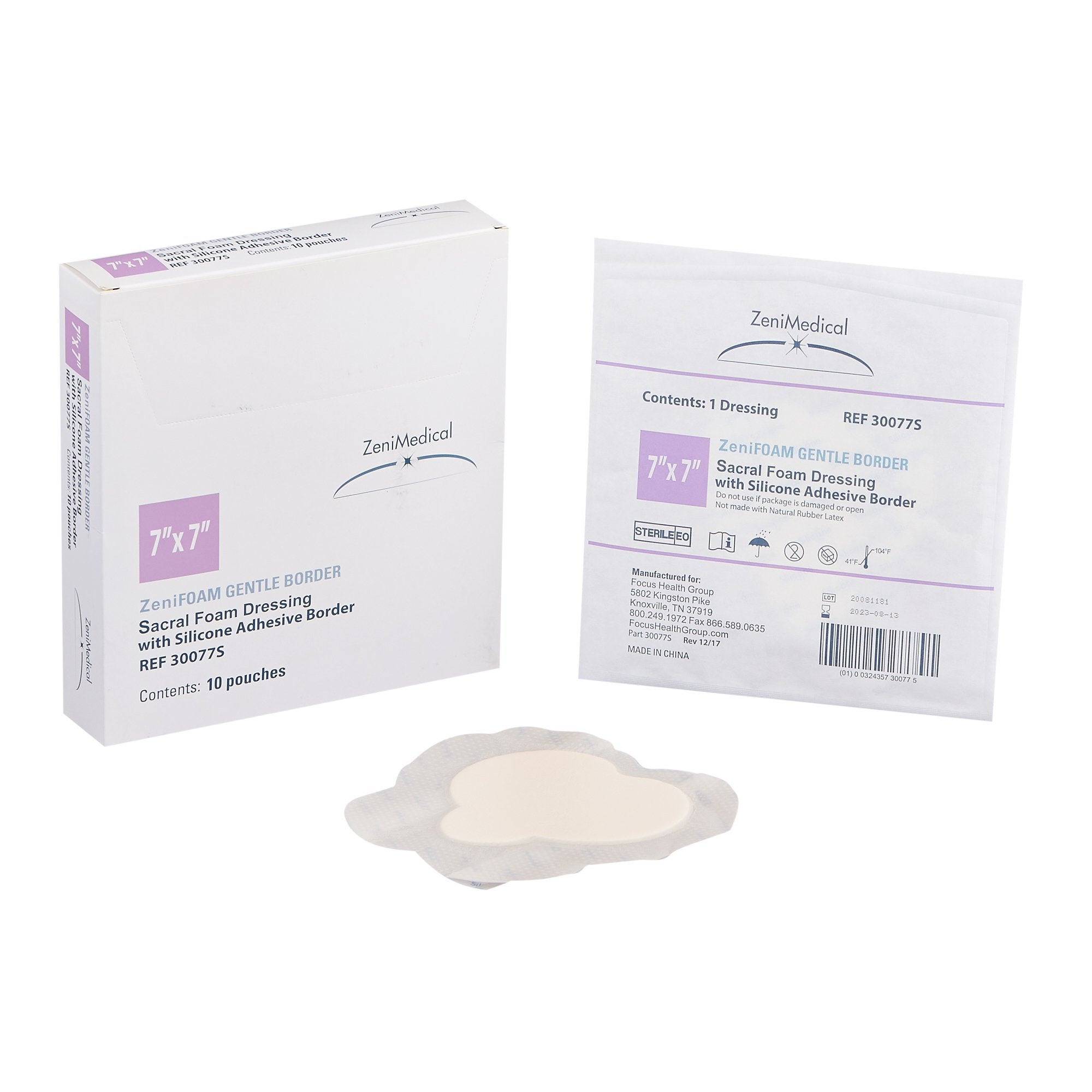 Foam Dressing Zenifoam Gentle Border 7 X 7 Inch With Border Waterproof Backing Silicone Face and Border Sacral Sterile 30077-S