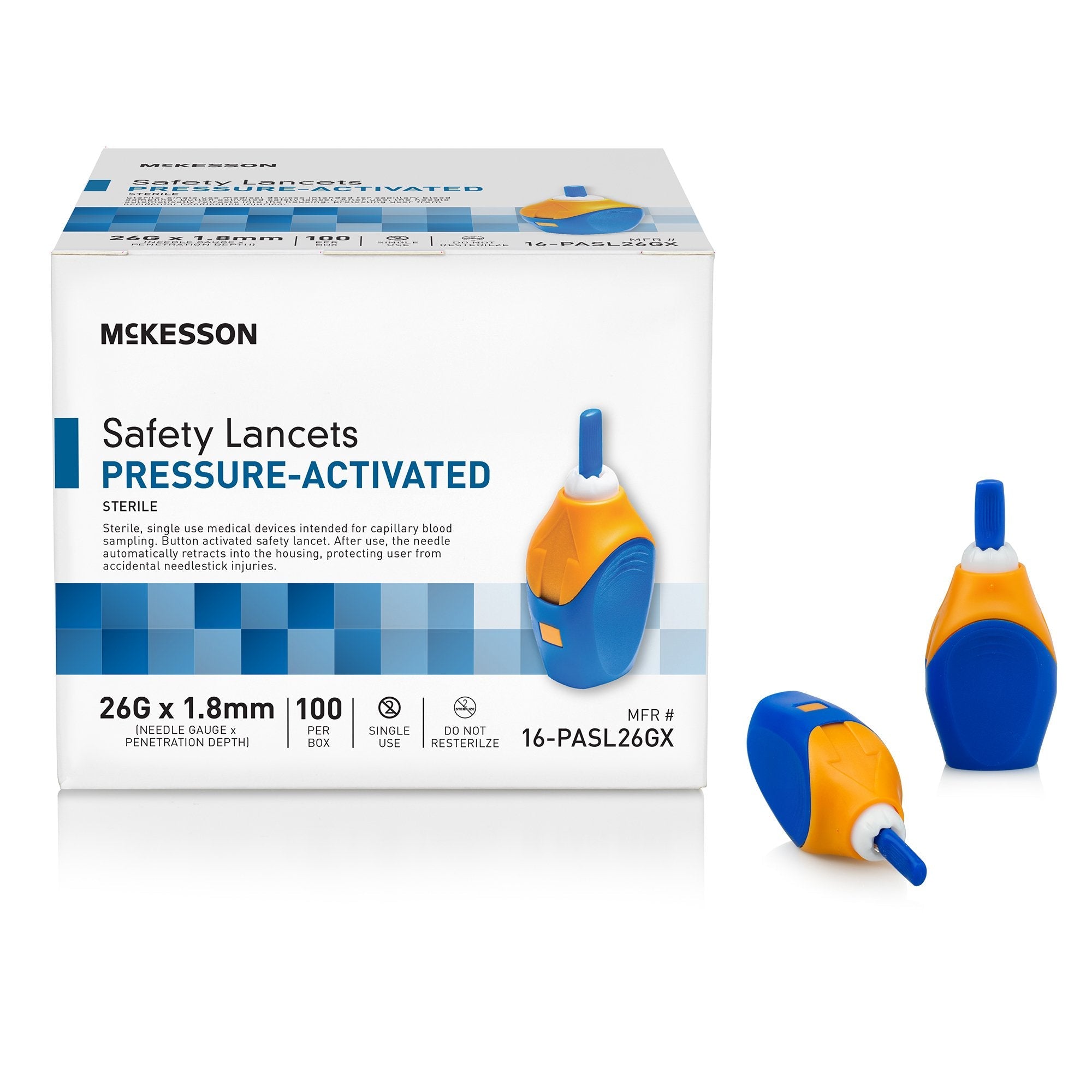 McKesson Pressure Activated Safety Lancets, 26 Gauge, Blue 16-PASL26GX