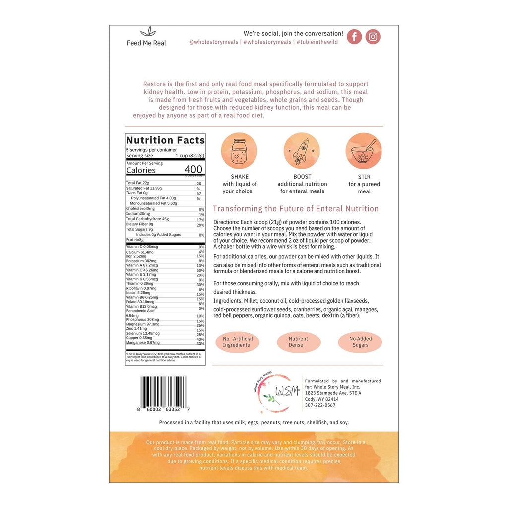 Oral Supplement Restore Renal Support Unflavored Powder 16 oz. Pouch 9125