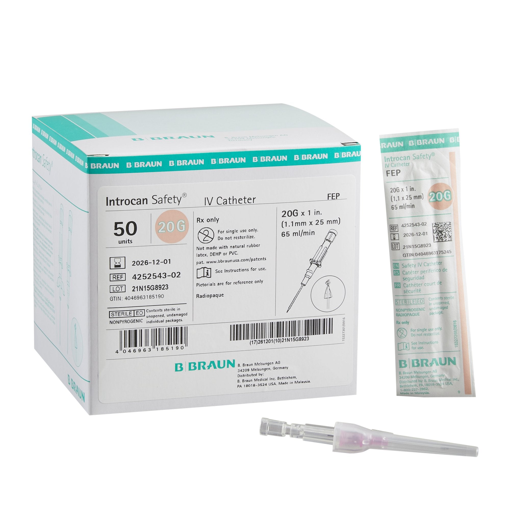 Peripheral IV Catheter Introcan Safety® 20 Gauge 1 Inch FEP Polymer Straight Hub Non Blood Control Passive Safety - 4252543-02