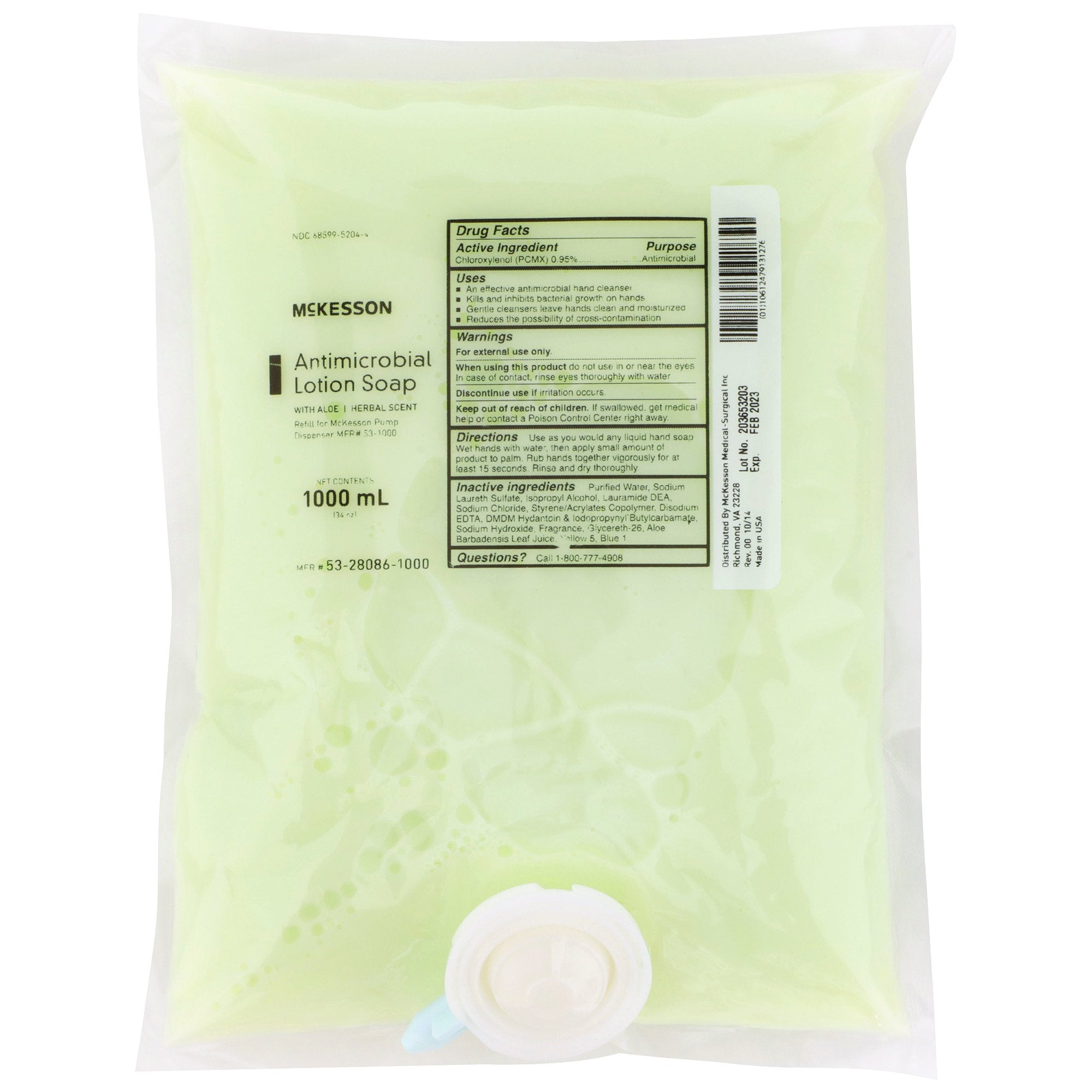 McKesson Antimicrobial Lotion Soap, Herbal Scent, With Aloe, 1,000 mL Refill Bag 53-28086-1000