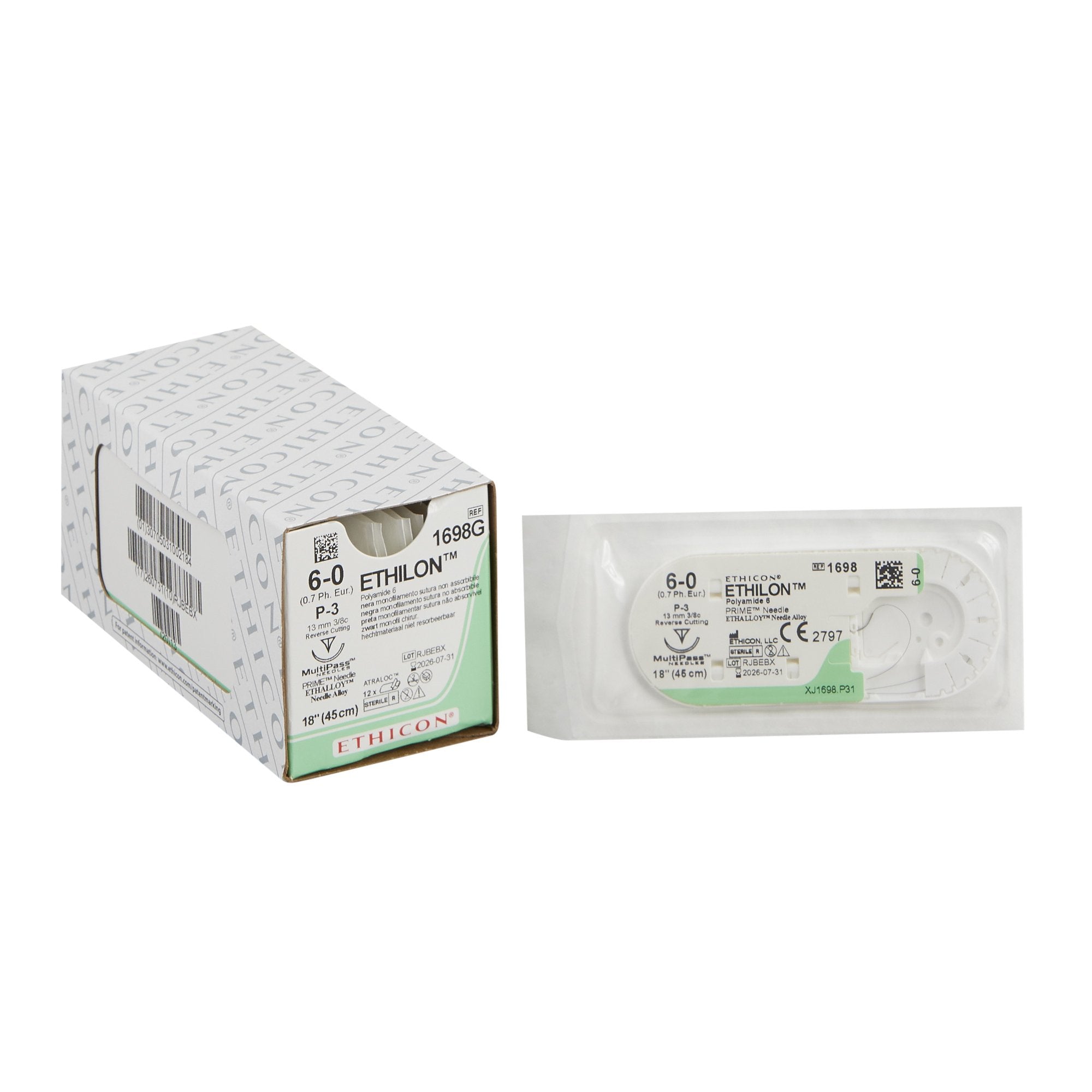 Nonabsorbable Suture with Needle Ethilon™ Nylon P-3 3/8 Circle Precision Reverse Cutting Needle Size 6-0 Monofilament - 1698G