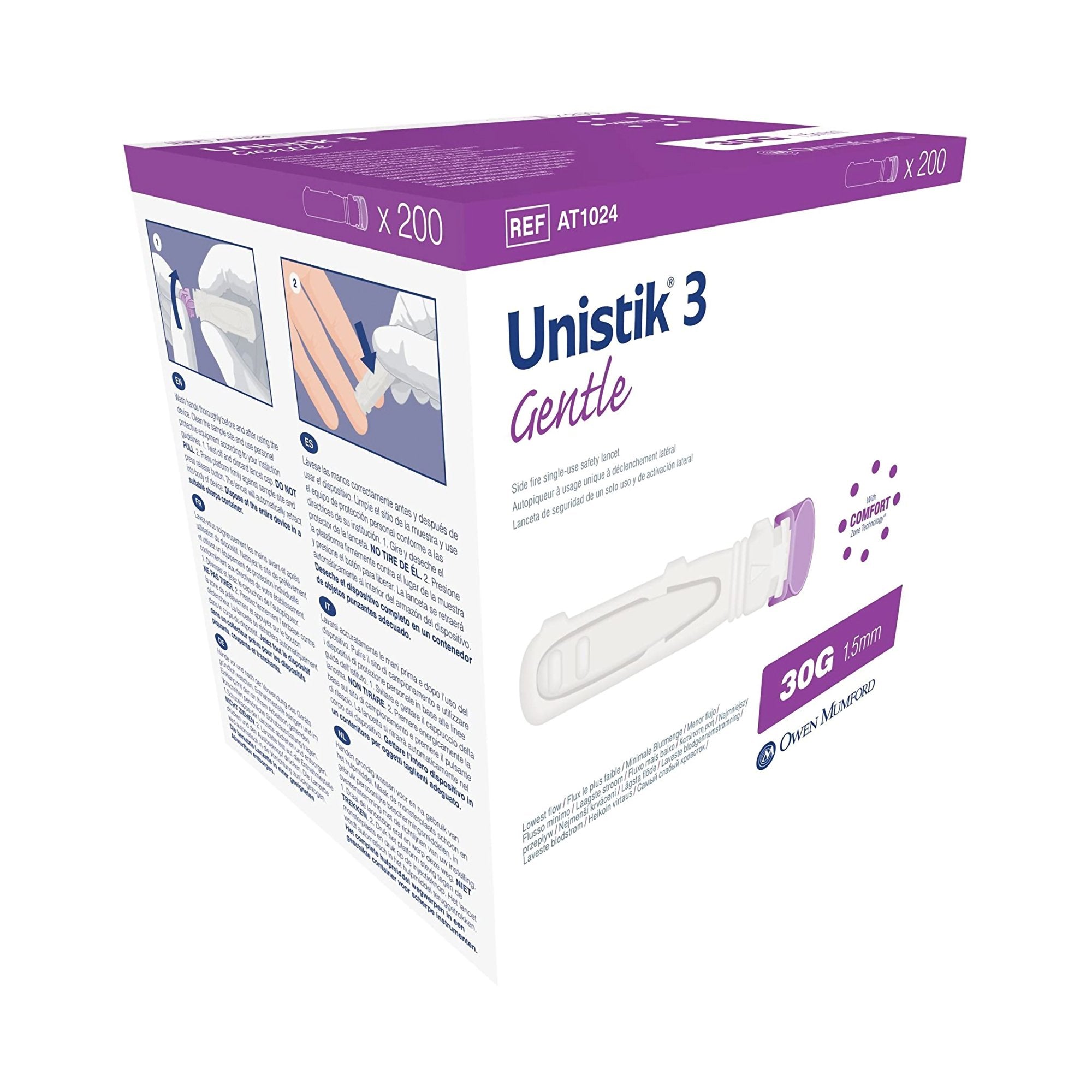 Safety Lancet Unistik 3 28 Gauge Retractable Push Button Activation Finger - AT 1042