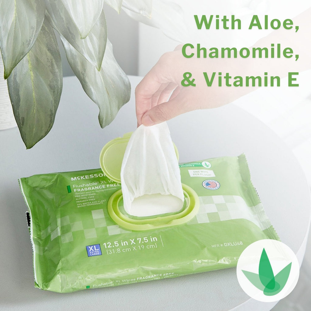 McKesson Flushable* Wet Wipes XL - Unscented, 96 Wet Wipes per Pack DXLU96