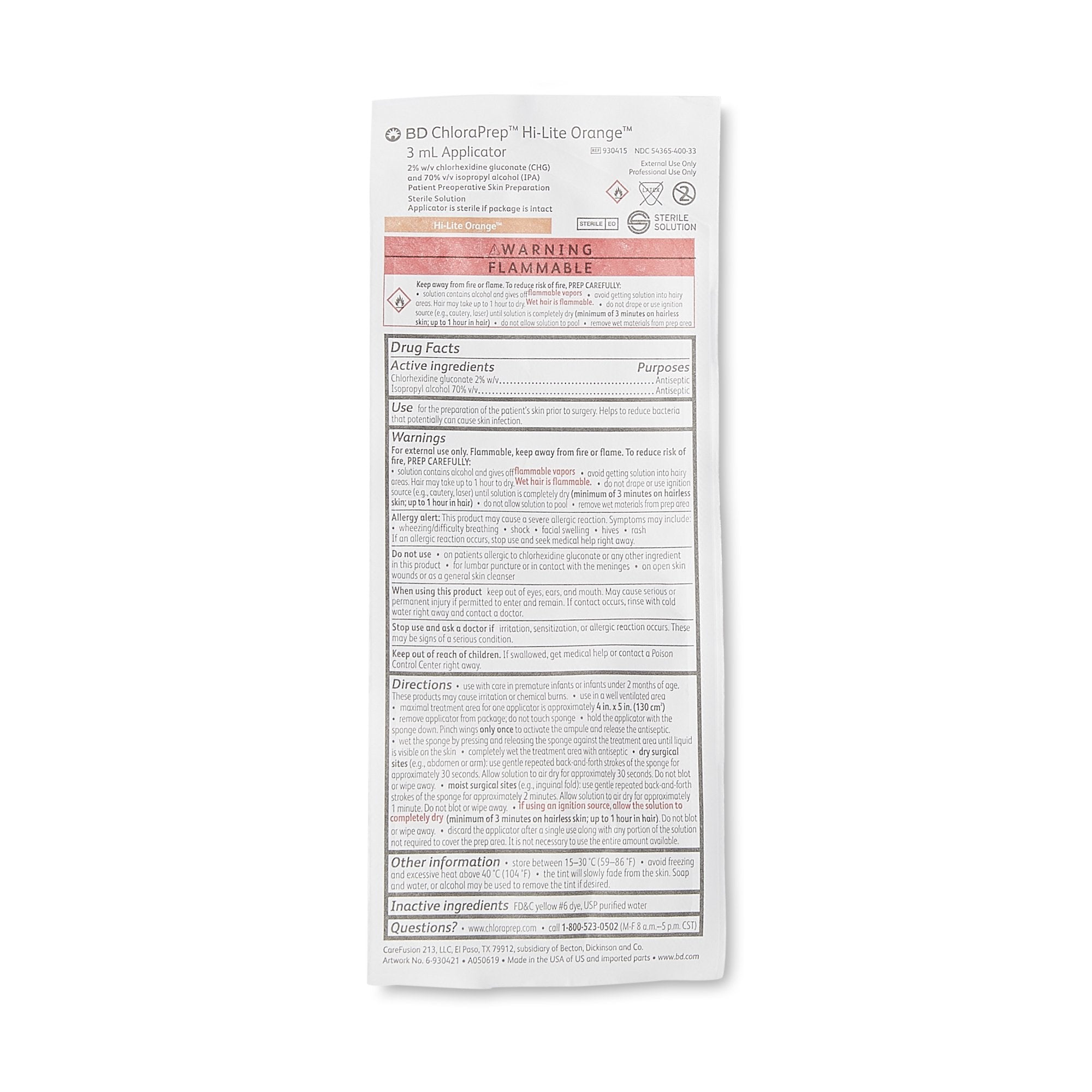 Skin Prep Solution ChloraPrep™ Hi-Lite Orange™ 3 mL Foam Applicator 2% / 70% Strength CHG (Chlorhexidine Gluconate) / Isopropyl Alcohol Sterile 930415