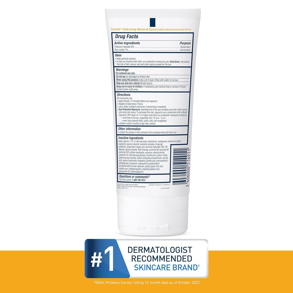 Sunscreen CeraVe® Hydrating Mineral Sunscreen SPF 50 Lotion 5 oz. Tube 60600051491