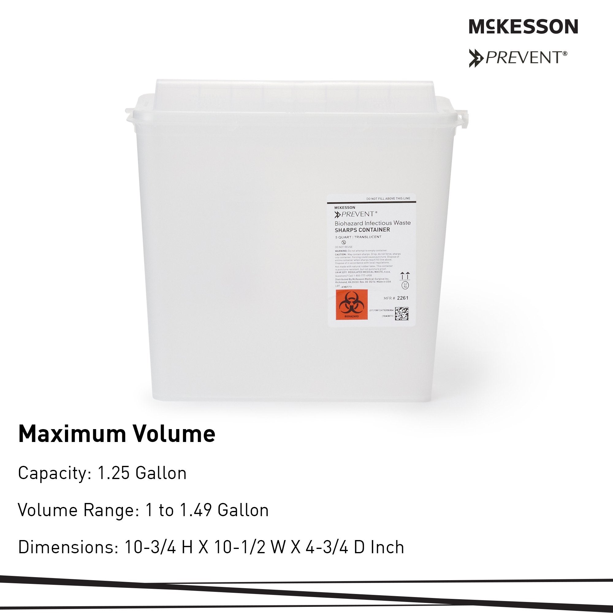 McKesson Prevent® Sharps Container, 1-1/4 Gallon, 10-3/4 x 10-1/2 x 4-3/4 Inch 2261