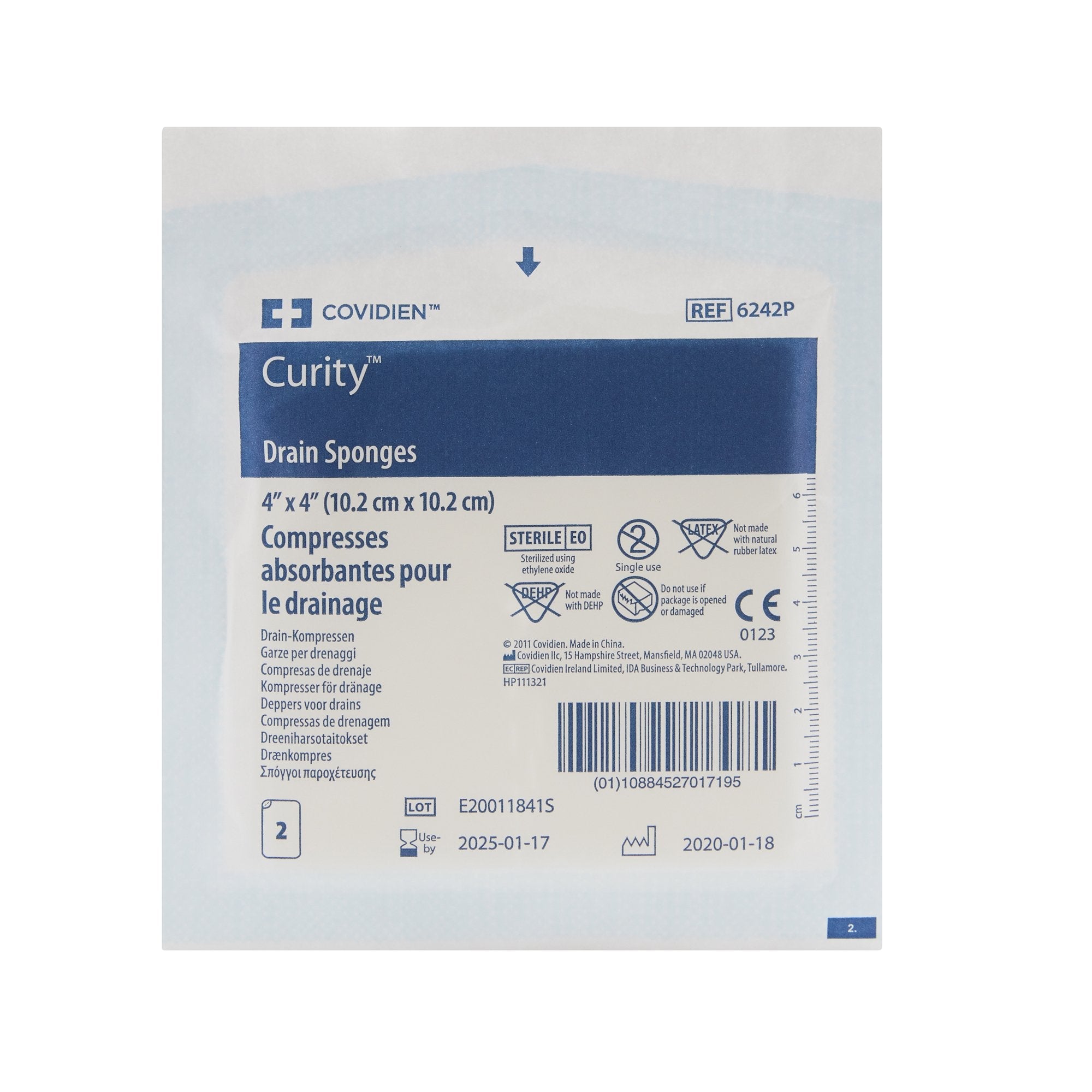 Curity™ Drain Sponge, 4 x 4 Inch, 6-Ply 6242P
