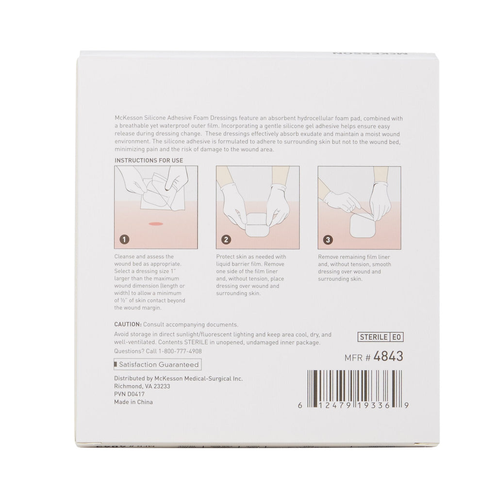 McKesson Silicone Adhesive with Border Silicone Foam Dressing, 4 x 4 Inch 4843