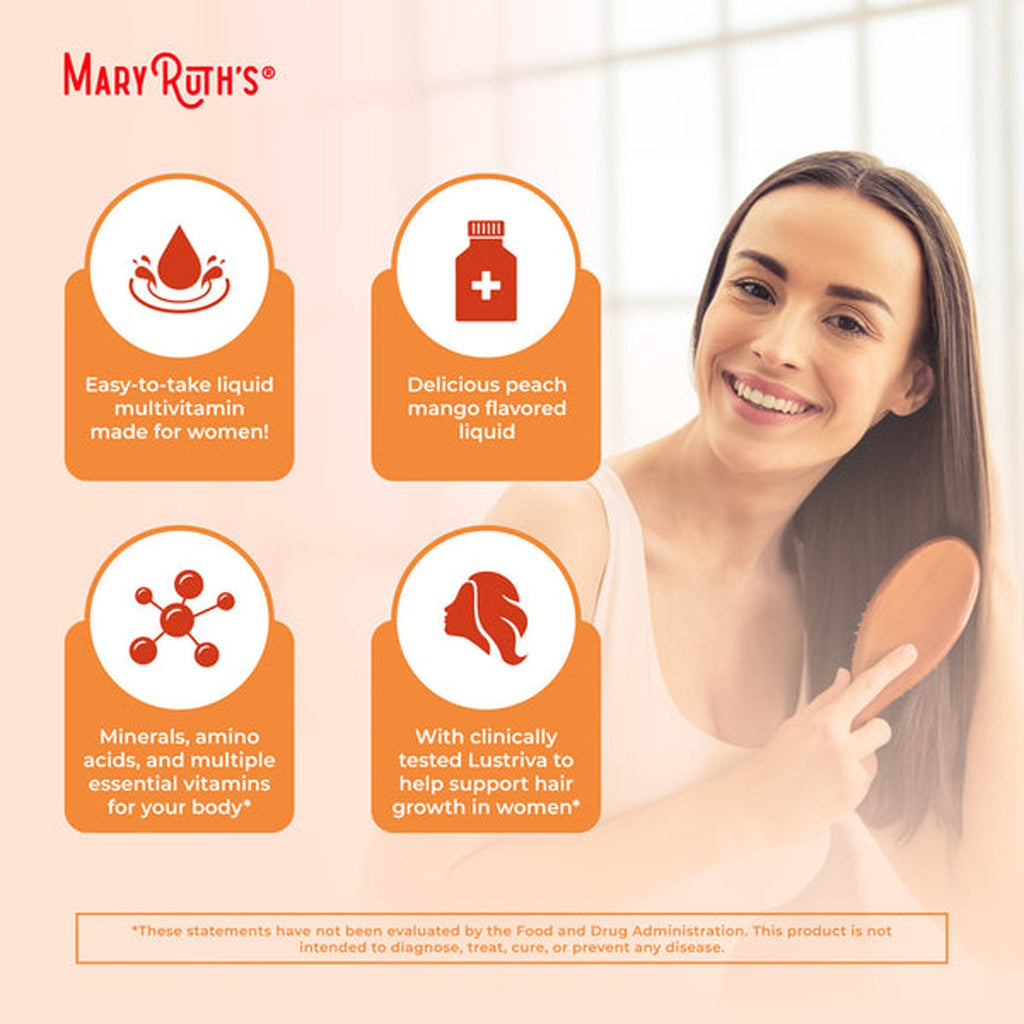 Multivitamin Supplement Mary Ruth's® Liquid Morning Multivitamin + Hair Growth Vitamin A / C / D / E 1,010 mcg - 90 mg - 20 mcg - 18 mg Strength Liquid 30 oz. Peach Mango Flavor BL-AD-MHG-CV-PSF-30Z-UN-01