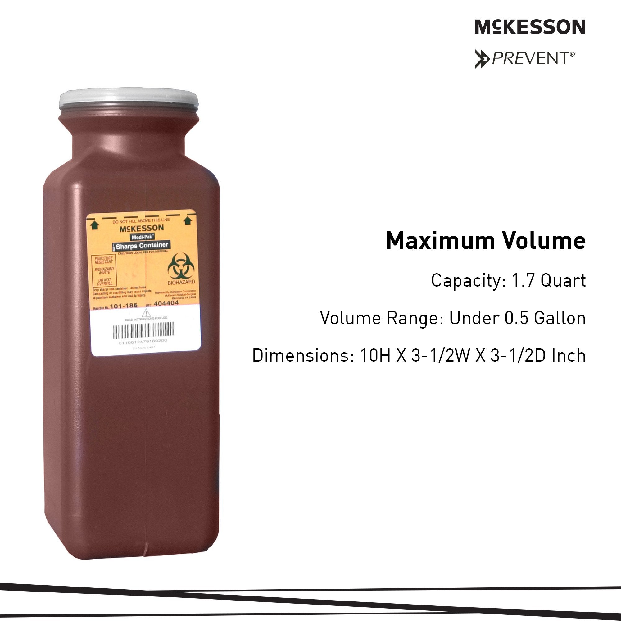 McKesson Prevent® Multi-purpose Sharps Container, 1.7 Quart, 10 x 3.5 x 3.5 Inch 101-185