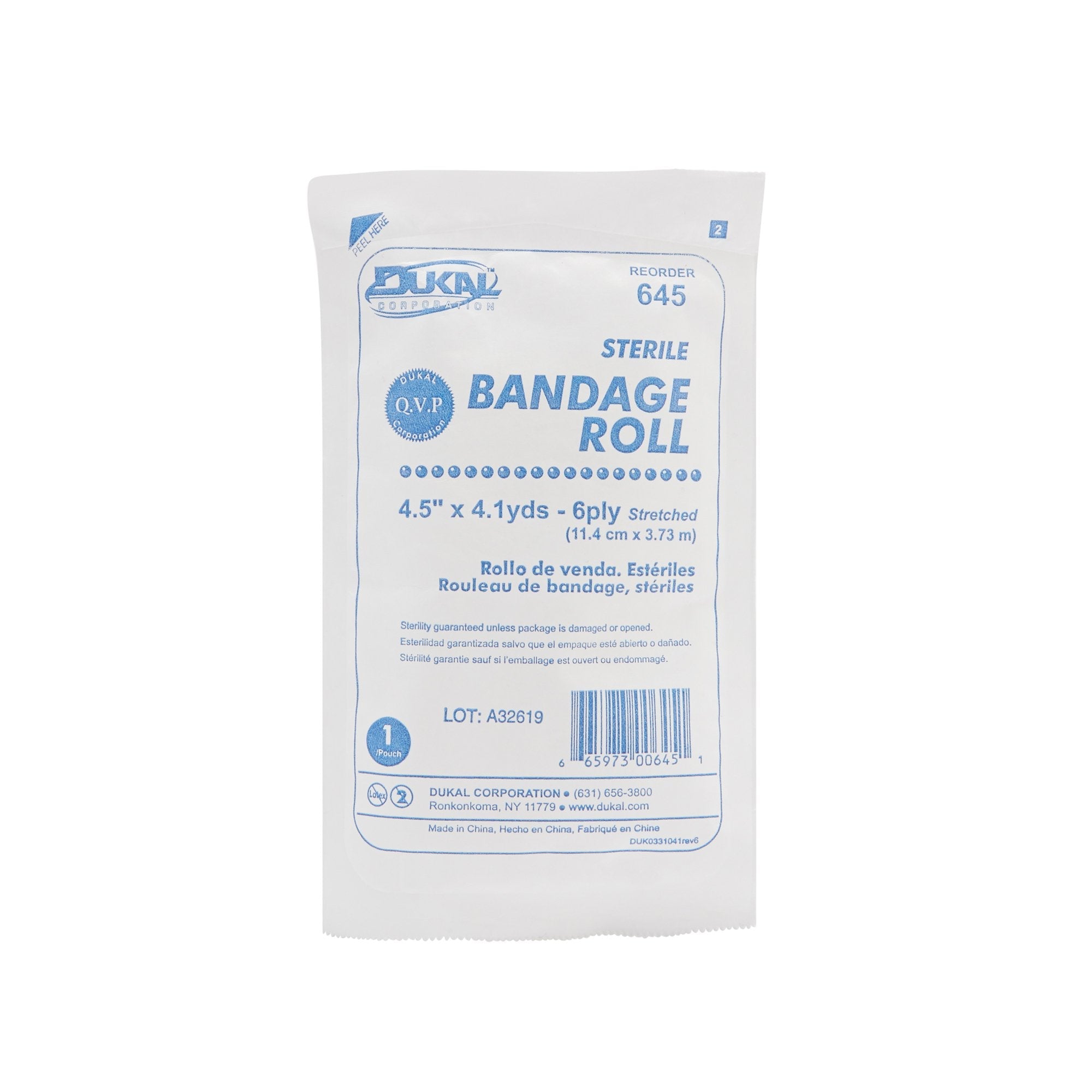 Dukal™ Sterile Fluff Bandage Roll, 4-1/2 Inch x 4-1/10 Yard, 6-Ply 645