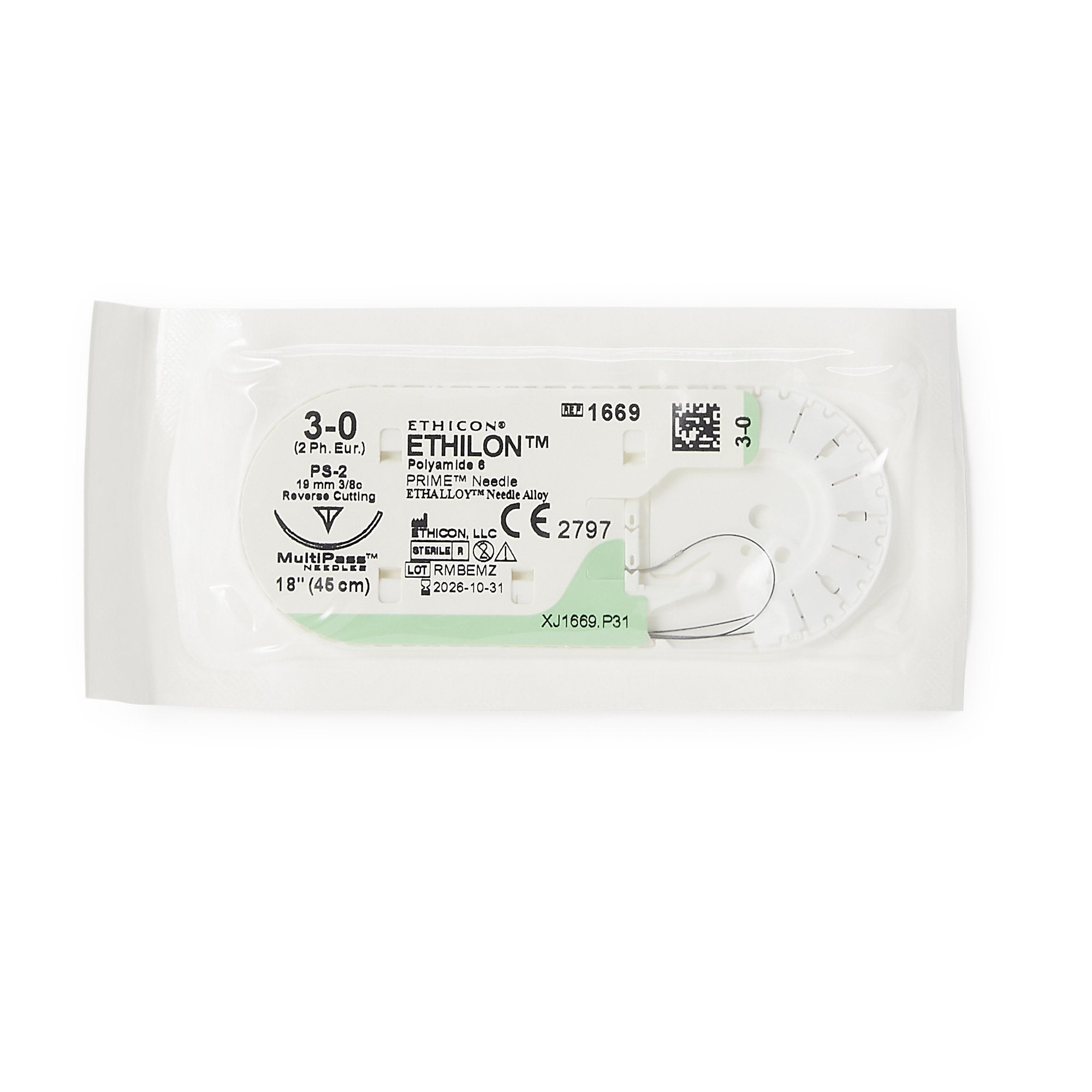 Nonabsorbable Suture with Needle Ethilon™ Nylon PS-2 3/8 Circle Precision Reverse Cutting Needle Size 3-0 Monofilament - 1669H