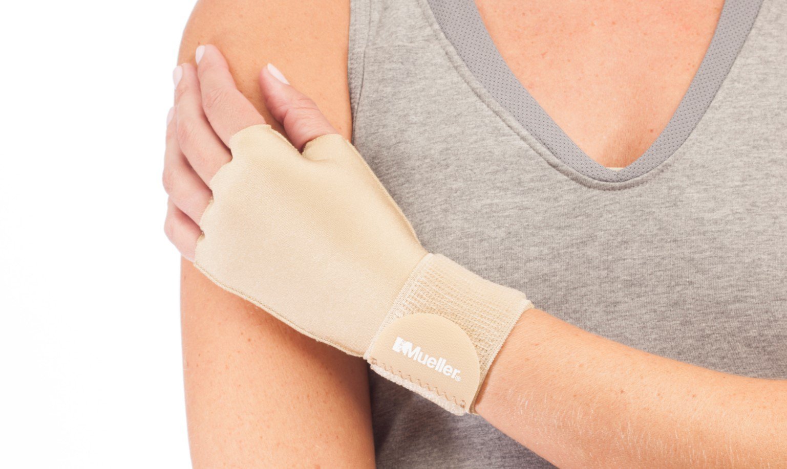 Compression Glove Mueller® Compression & Support Gloves Fingerless Small / Medium Over-the-Wrist Length Ambidextrous 6905