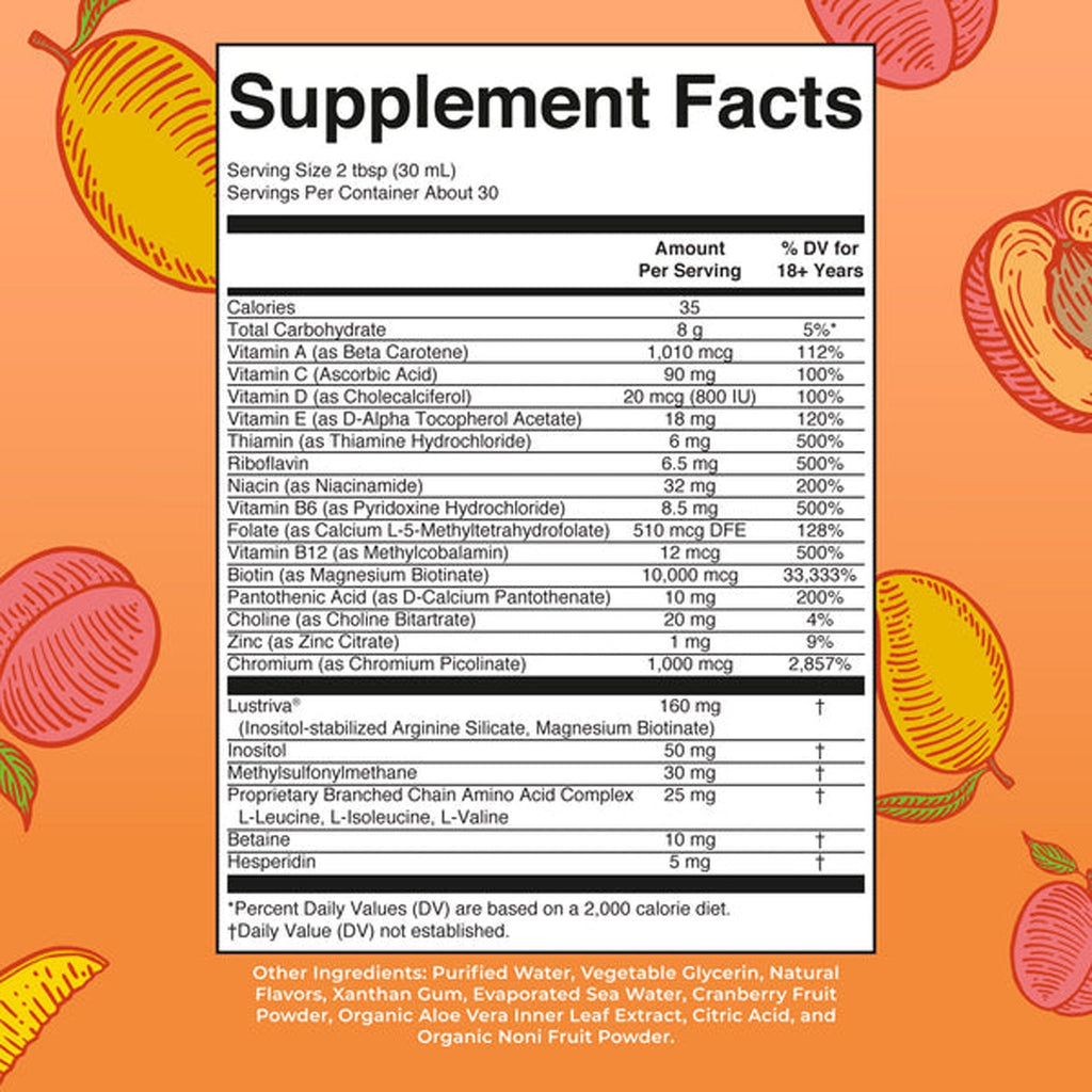Multivitamin Supplement Mary Ruth's® Liquid Morning Multivitamin + Hair Growth Vitamin A / C / D / E 1,010 mcg - 90 mg - 20 mcg - 18 mg Strength Liquid 30 oz. Peach Mango Flavor BL-AD-MHG-CV-PSF-30Z-UN-01