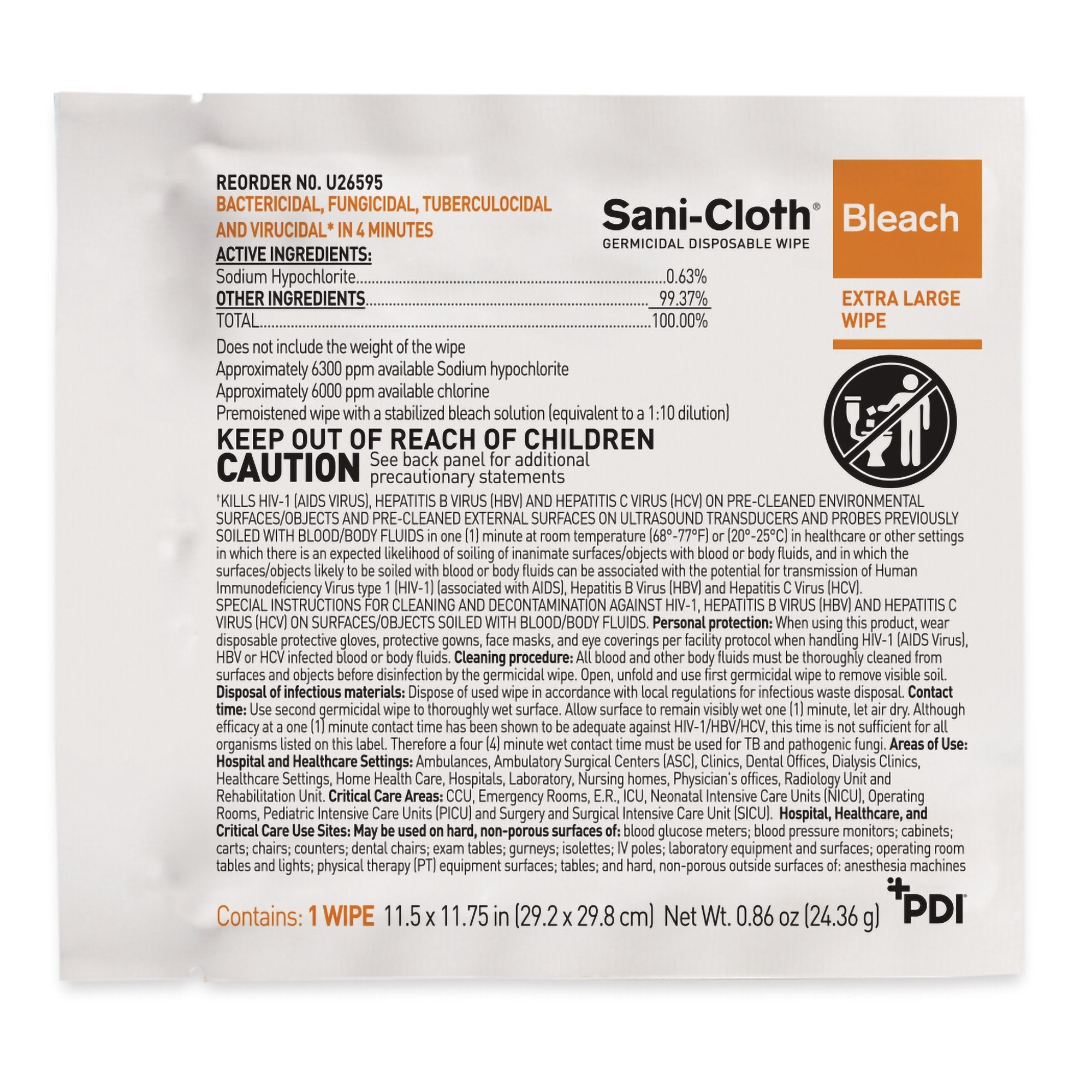 Sani-Cloth® Surface Disinfectant Cleaner Bleach Wipe, 11.5 x 11.75 Inch U26595