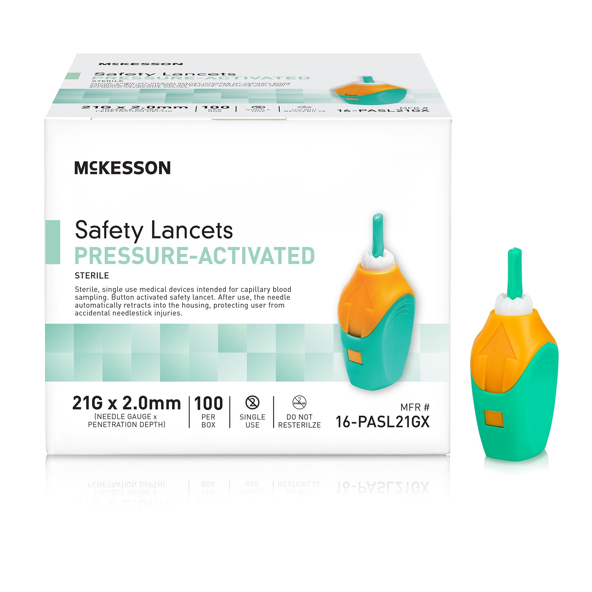McKesson Pressure Activated Safety Lancets, 21 Gauge, Green 16-PASL21GX