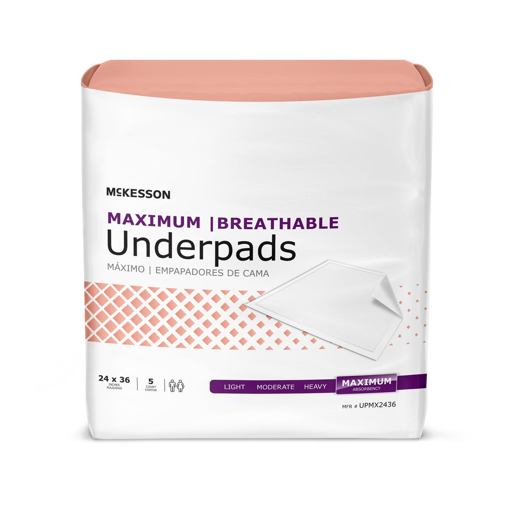 McKesson Ultimate Breathable Underpads, Maximum Protection, 24 x 36 Inch UPMX2436