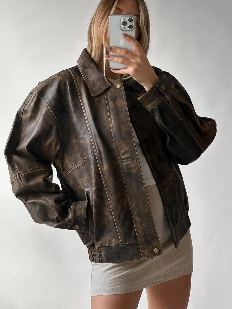 1980s Distressed Brown Oversized Retro Vintage Real Leather Jacket, Women’s Streetwear Loose  Leather Jacket, Ladies Jacket Gift For her