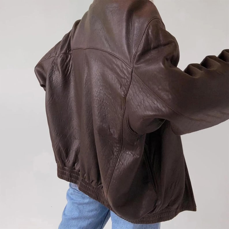 1980's Women Brown Leather Bomber Jacket, Ladies Oversized Straight Cut Sheep Leather Jacket, Women's Soft Real Leather Jacket, Gift for her